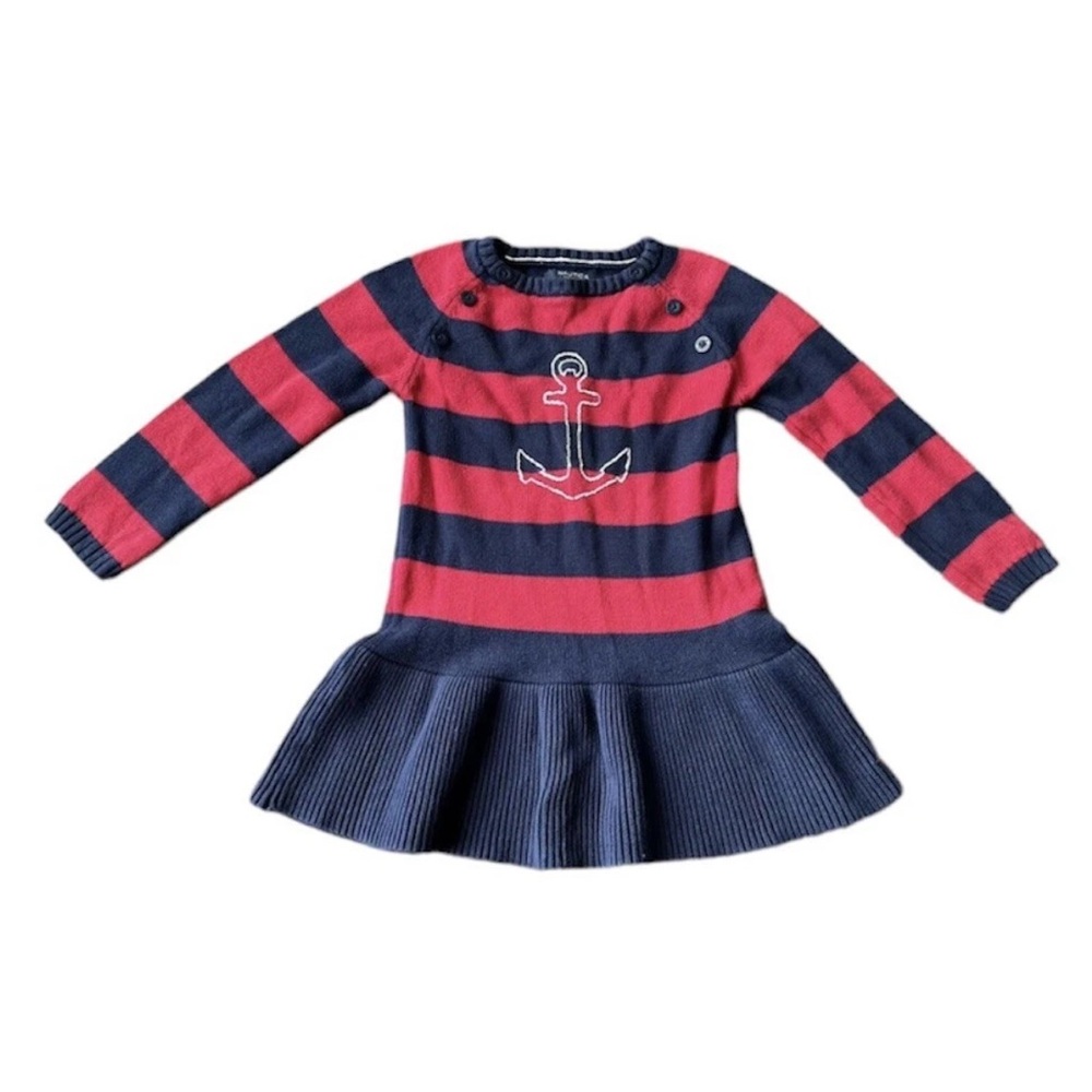 Nautica Sweater Dress Red Blue Stripe Long Sleeve Anchor Girl Size 5